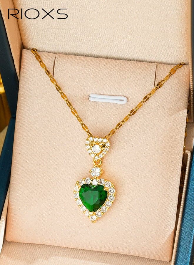 Women's Emerald Necklace, 18K Gold-Plated Titanium Steel Teardrop Necklace for Women Heart-Shaped Emerald Light Luxury Collarbone Chain Hypoallergenic and Fade-Resistant