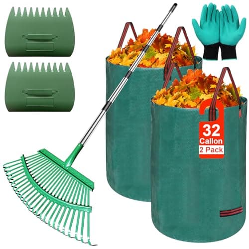 Adjustable Metal Leaf Rake Set 25 Tines 3873 Handle 19 Wide with 2 Pack 32Gallon Leaf Bags Scoops Heavy Duty Garden Rake for Lawns Shrubs Grass Flower Beds Outdoor Use