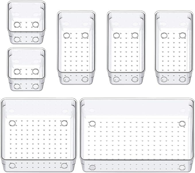 LIJIE Desk Drawer Organizer Set 7 Pieces Drawer Containers 4 Sizes for Makeup Cosmetics Jewelry Kitchen Gadgets Organiser Dressing Table Organiser