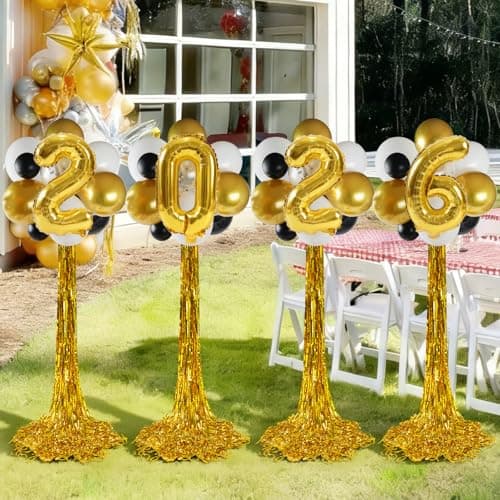 2026 Graduation Decorations Set Of 4 Standing Balloon Topiaries Balloon Stand Kit Party Centerpieces Decor With Golden Rain Curtains Class Of 2026 Decorations For Kindergarten High School College