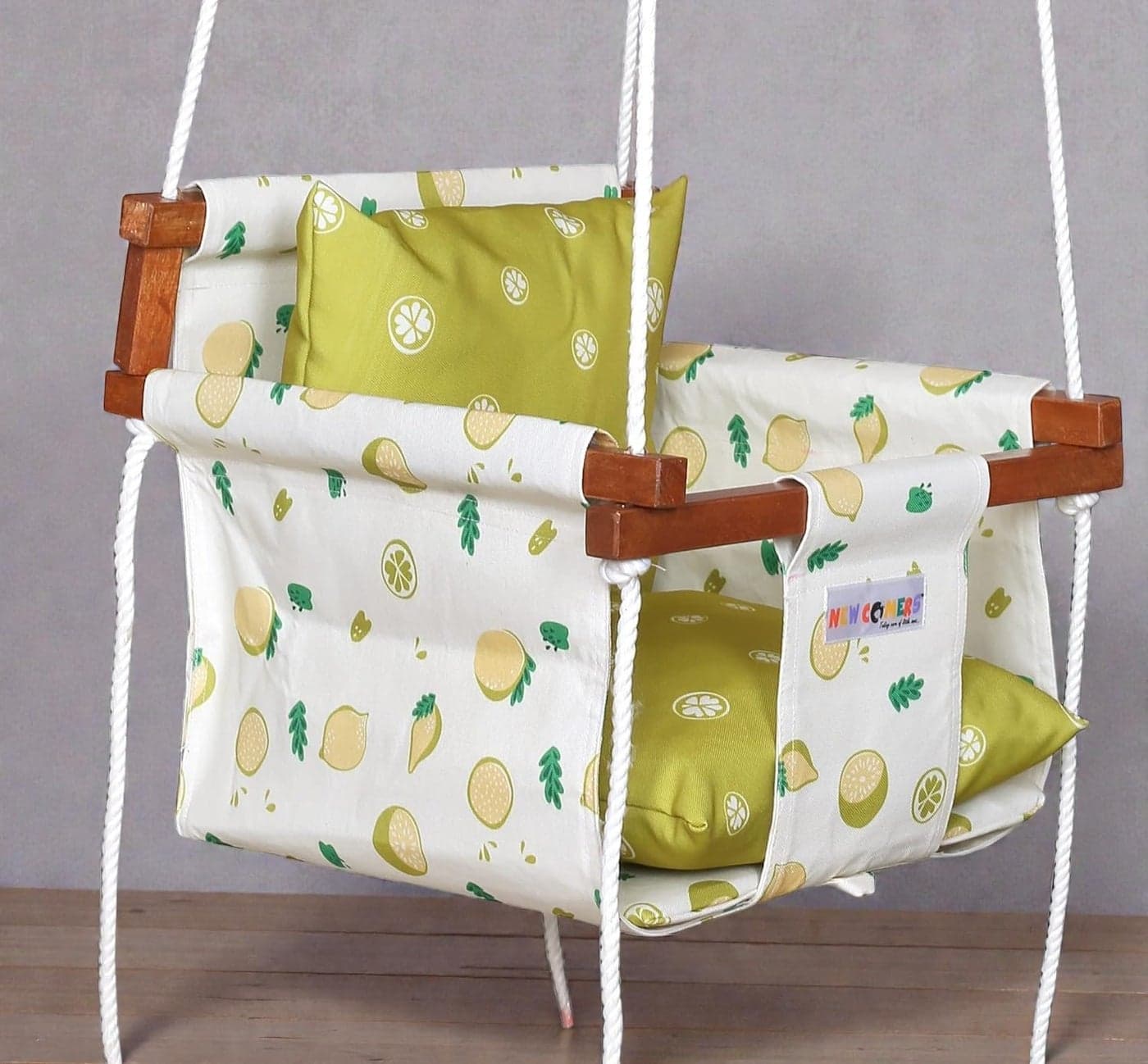NEW COMERS® Cotton Swing for Kids, Jhula for Baby, Baby Swing Hanging Indoor Outdoor, Baby Garden Swing with Safety Belt & 2 Pillows (6 Months to 4 Years) (Up to 20 kg)-Yellow (TC 150/300) 908