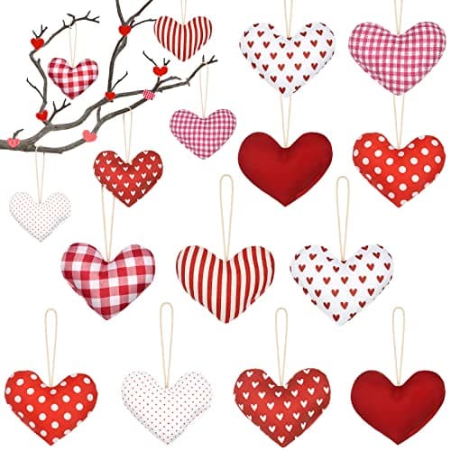 Tatuo 16 Pcs Valentines Fabric Heart Hanging Ornaments 4 Inch Valentine's Day Burlap Rustic Stuffed Heart Ornaments for Outdoor Home Wall Decor Farmhouse Decor Tier Tray Filler(Classic Style)