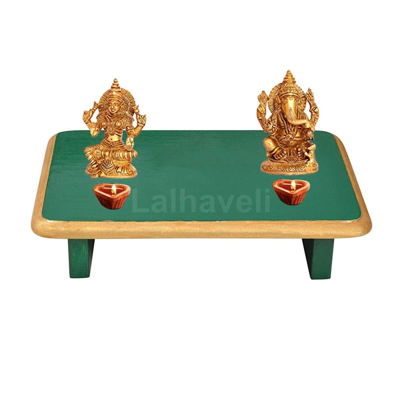 Lalhaveli Green Small Pata for god Idols Wooden Peetalu Manai Palagai Sitting Table 11 x 8 x 2 Inches