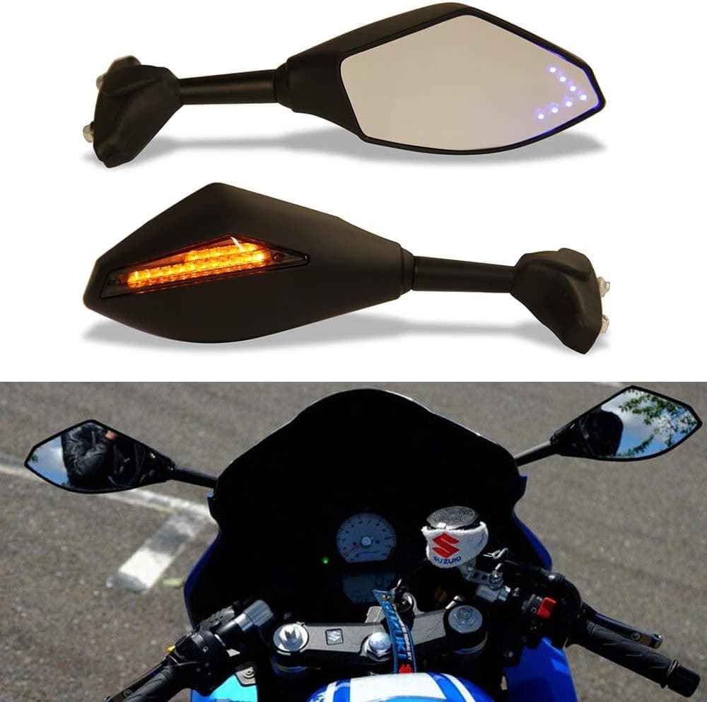 Rich Choices Motorcycle Rearview Mirrors with LED Turn Signal - Matte Black with Smoke Lens and Blue Arrow Light