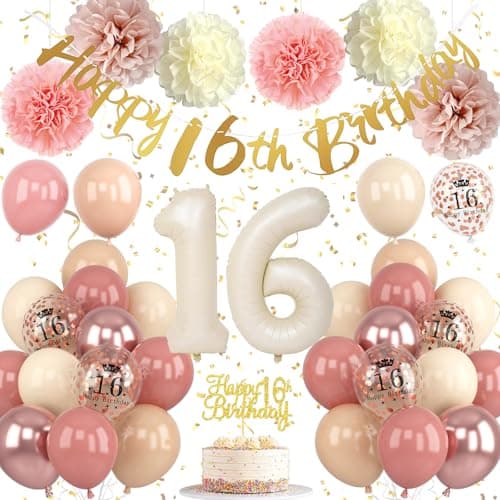 Froova 16th Birthday Decorations Retro Blush Pink Sweet 16 Girls Birthday Balloons Happy 16th Banner Cake Toppers Rose Gold Number 1 6 Balloon Pom Poms for 16 Year Old Bday Party Decoration Supplies
