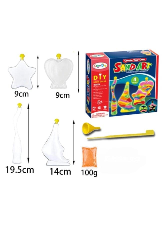 DIY Sand Art Kit for Kids - 4 Unique Shaped Bottles with Glow-in-the-Dark Sand, Complete Creative Craft Set with 6 Colored Sands, Educational Activity Toy for Ages 5+