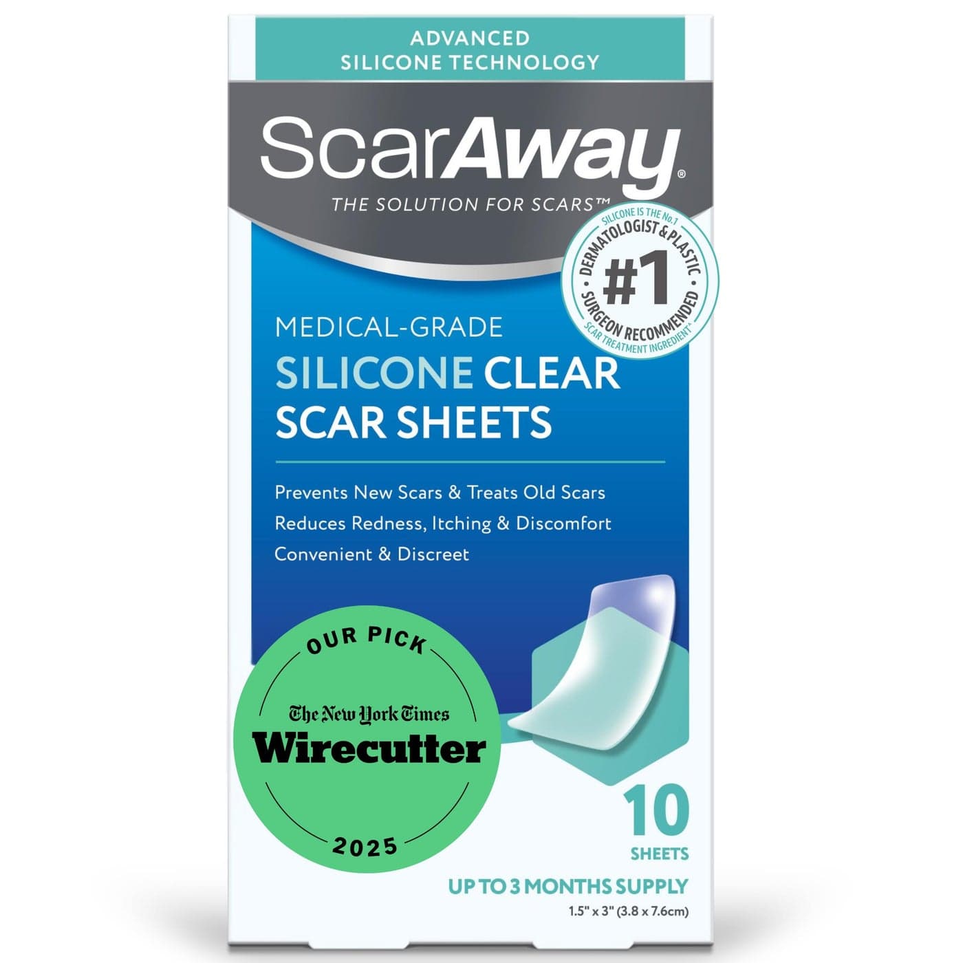 ScarAway Advanced Clear Silicone Scar Sheets Medical Grade Silicone Strips 15 x 3 Scar Treatment and Prevention for Surgical Burn Body Hypertrophic Keloid Scar Treatment 10 Clear Sheets