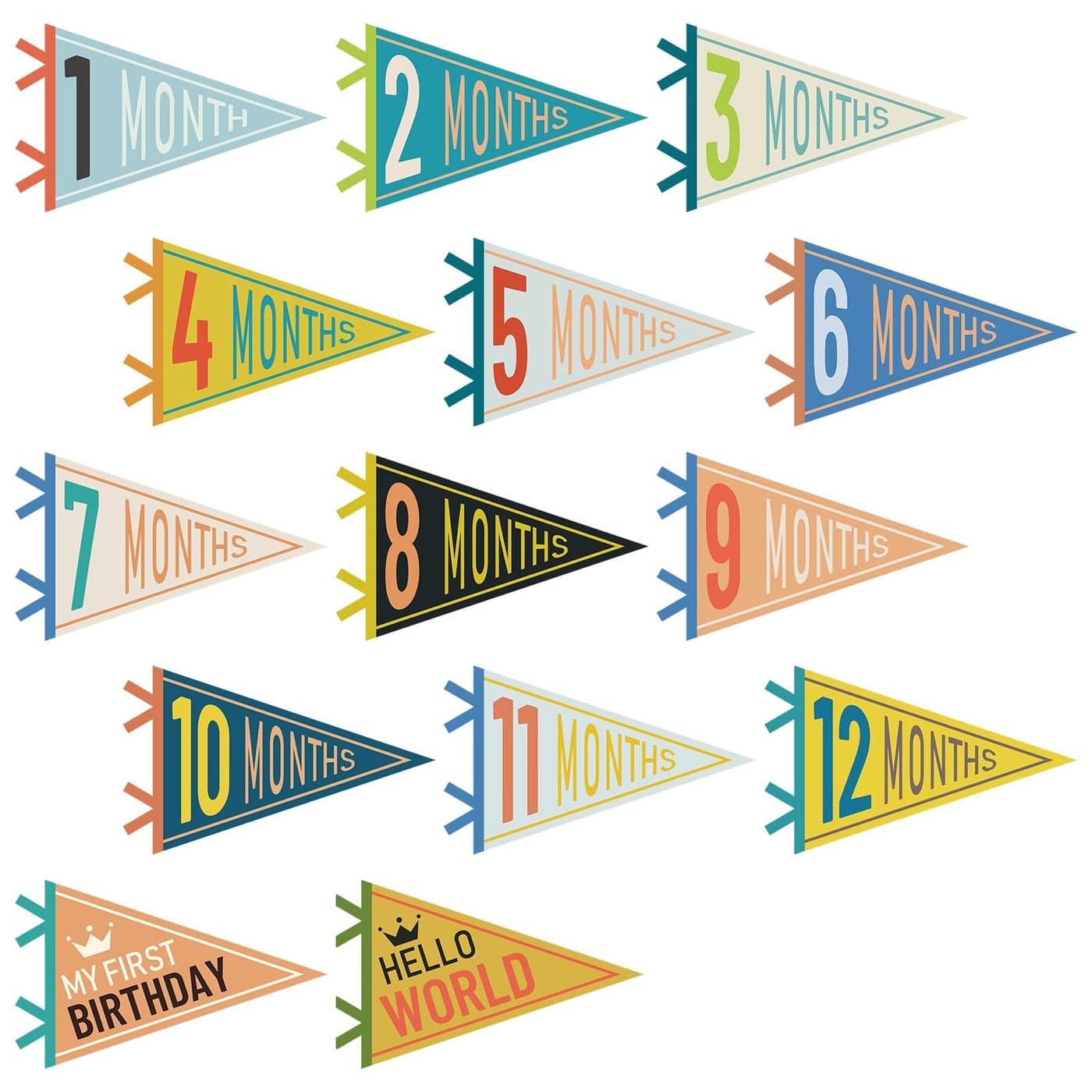 VitalCozy 14 Pcs Baby Milestone Pennant Signs Monthly Milestone Banner Flags Pennant Triangle Banner Age Flag Signs for Boy Girl Newborn Birthday Party DecorMixed Colors