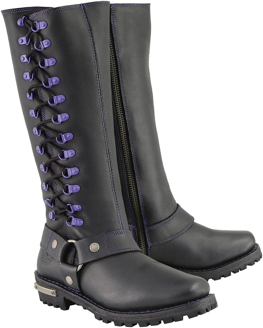 Milwaukee Leather Women's Black 14-inch Leather Harness Boots with Purple Accent Lacing - Size 11