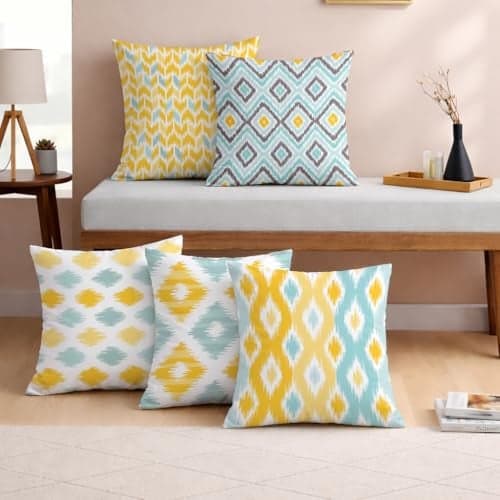 STITCHNEST Set of 5 Polycotton Cushion Covers – 24x24 Inches – Yellow & Aqua Ikat-Inspired Geometric Print – Vibrant Cushion Covers for Sofa, Couch & Living Room | Perfect for Home Decor