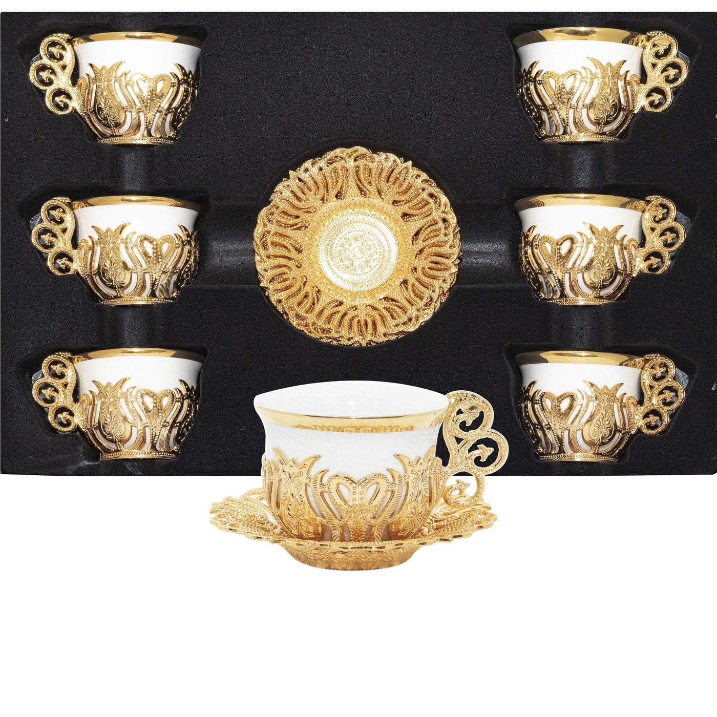 Alisveristime Turkish Coffee Cup Set White Porcelain and Zinc Metal with Turkish Motifs 6 Cups and Saucers Gold