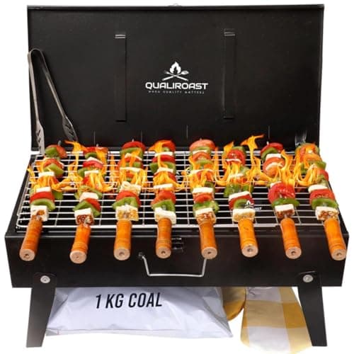 Qualiroast Barbeque Grill Charcoal- Barbeque Grill Set | Tandoori Grill for Home & BBQ Grill Set for Home | Barbecue Grill Chicken Maker with Accessories 8 skewers,1Grill,1kg Coal,1Tong,1Glove(Indian)
