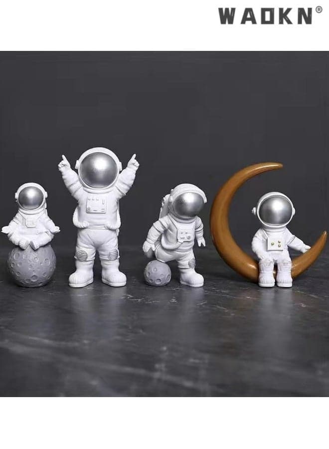 Astronaut Statues Set of 4 , Spaceman Sculpture Figurines Outer Space ,resin material Spaceman Figurine Decorations, Cute Mini Space Figure Ornament, Abstract Aesthetic Decorative Sculpture for Home Office Desk Shelf Tabletop ,silver and White .