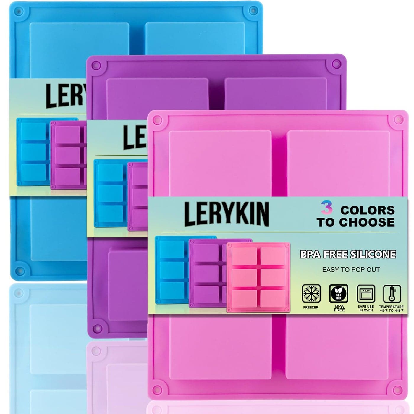 LERYKIN 3 Pack Silicone Molds 6 Cavities Rectangle Great for Craft Soap Chocolate Cake Ice Cube Trays Just Pop Out Pink Blue Purple