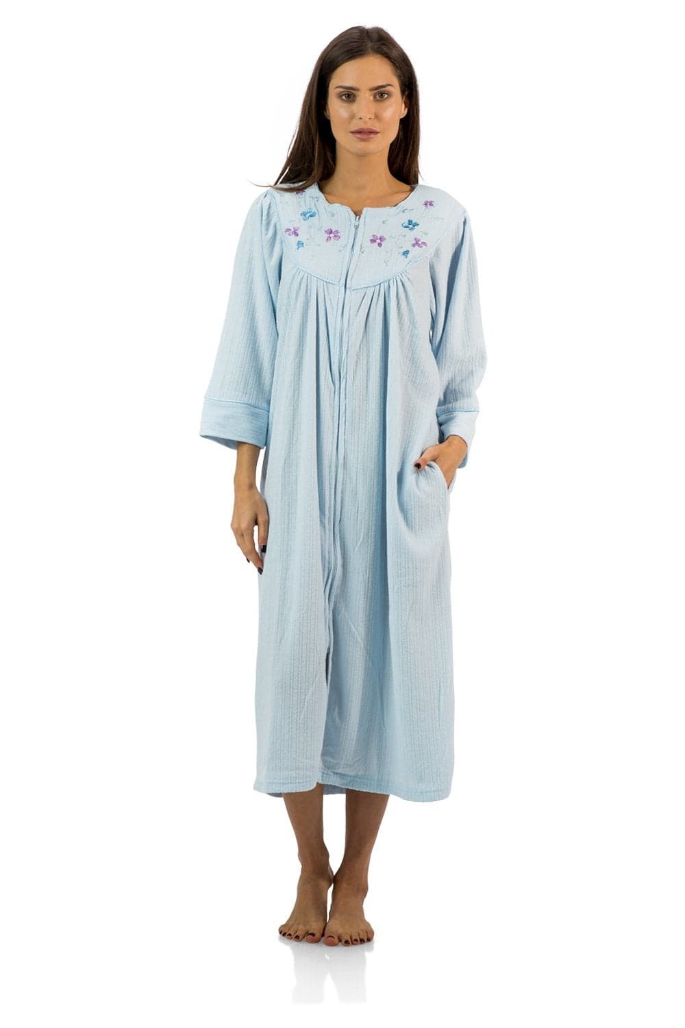 Casual Nights Womens Zipper Front Jacquard Fleece Long Robe Duster Blue Large
