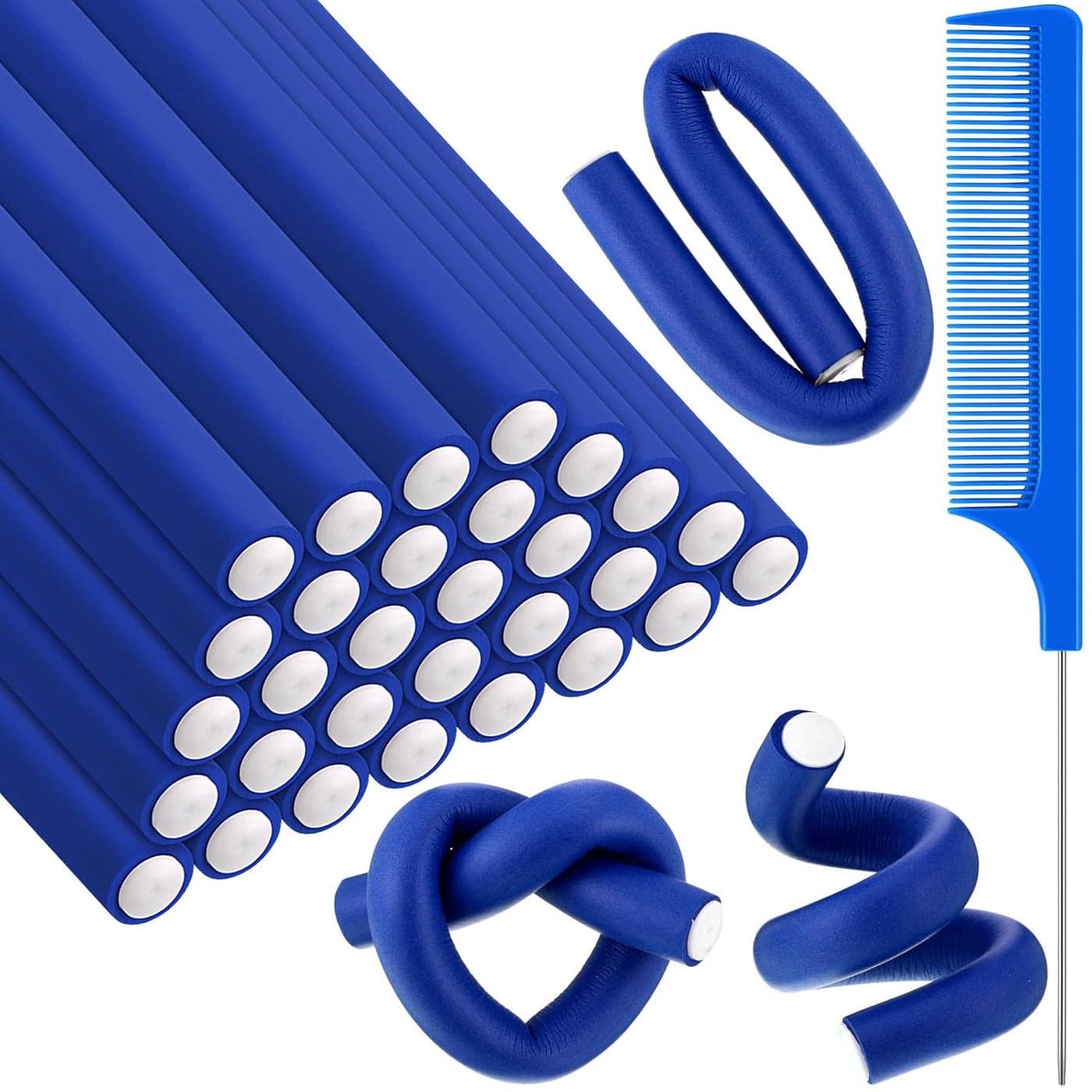 Syhood 30 Pcs Flexible Curling Rods 945 Twist Foam Rollers Soft Foam No Heat Hair Rods Rollers and 1 Steel Pintail Comb Rat Tail Comb for Women Long Short HairDark Blue945 x 055 Inch
