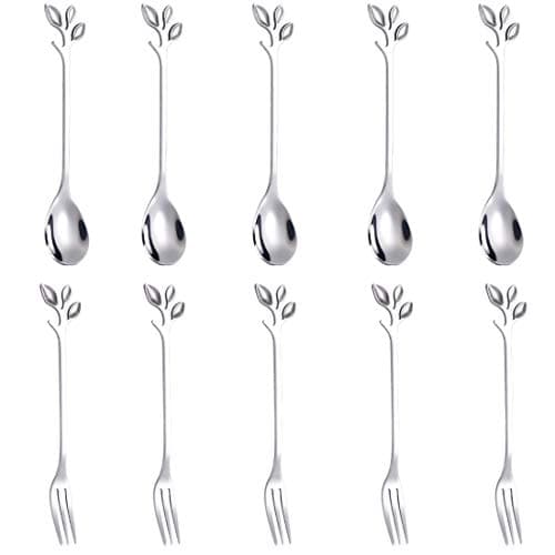 AnSaw 10-Pc Silver Mini Spoons & Forks Set, 4.7" - Stainless Steel, Leaf Handle, Ideal for Coffee,Tea, Appetizers, Tastings, Parties, Charcuterie & Cocktails