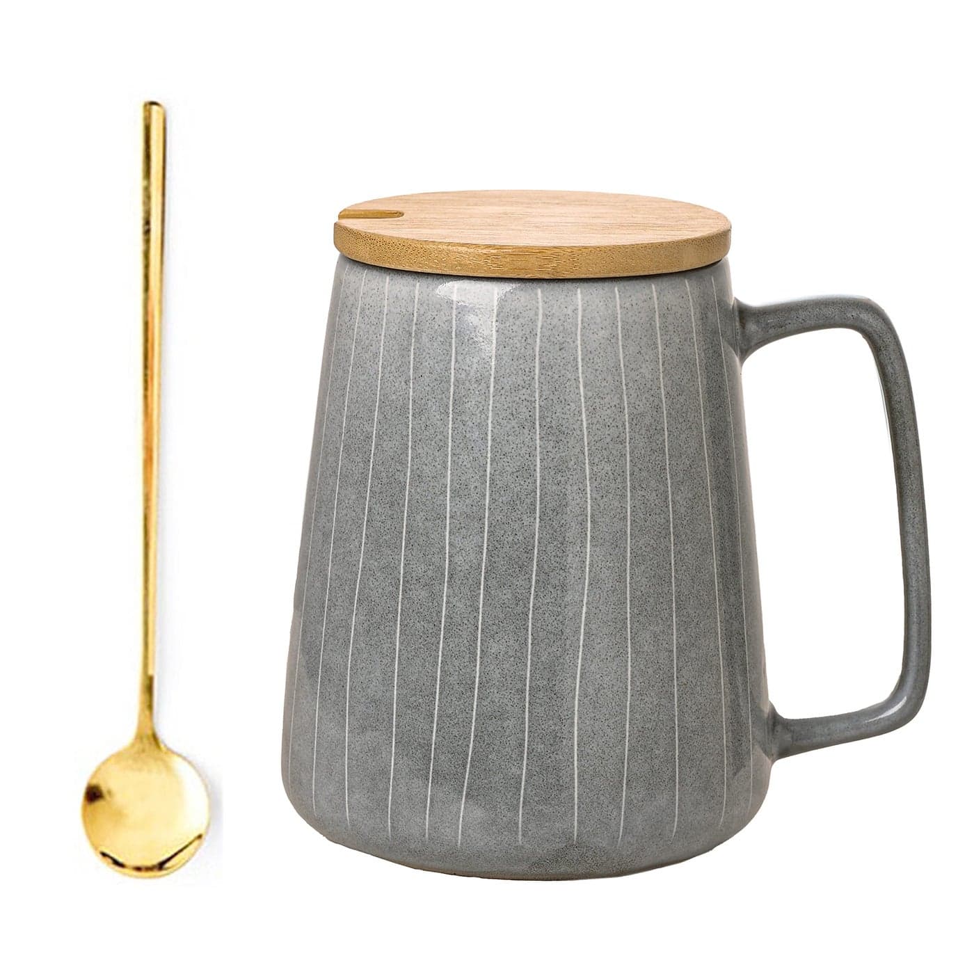 Ceraozmus Large Ceramics Coffee Mugswith Spoon and Wooden Lidfor CoffeeTeaCocoaLarge Handle DesignMicrowave Dishwasher Safe Gray Set