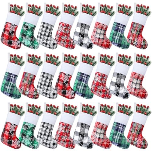 Skylety 24 Pcs Small Christmas Stockings Bulk 7 Mini Buffalo Plaid Xmas Stocking with Snowflakes Pattern Plush Cuff Xmas Tree Hanging Ornaments for Holiday Mantel Door Window Home Decorations