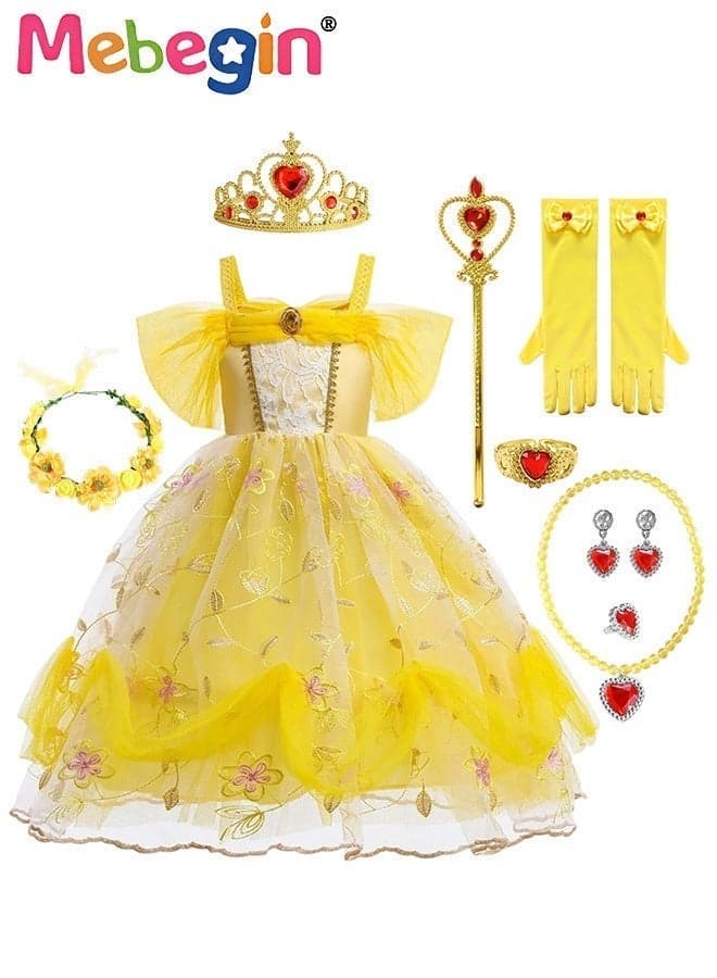 Girls Stylish Tutu Dress Set with Wand, Gloves, Garland and Jewelry, Fancy Elegant Princess Dress with Floral Embroidery, Off Shoulder Tulle Dress for Girls, Suitable for Party, Birthday, Funfair, Stage Performance, Cosplay and Any Other Special Occasions