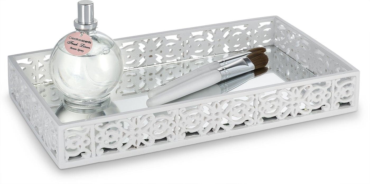 Creative Scents Mirror Janette White Vanity Tray for Bathroom Small Rectangle Makeup Perfume Tray for Counter and Dresser Decorative Tray with Mirror Design White Bathroom Accessories