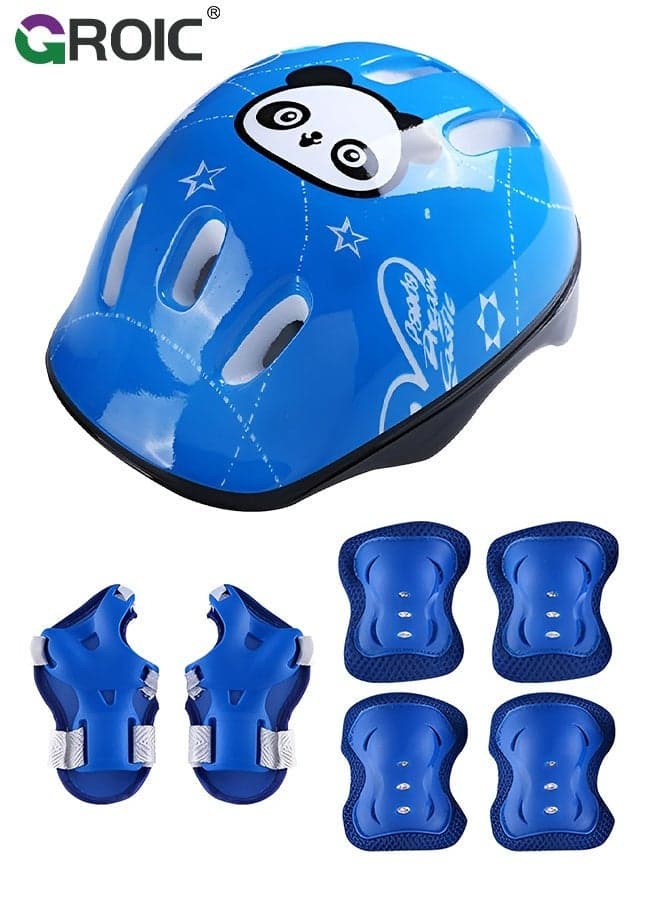 7Pcs Kids Bike Helmet Set,Skateboard Knee Pads, Helmet Pad Set Protective Gear Set,Kids Helmet Set with Knee Elbow Wrist Pads for Skateboard Cycling Scooter Rollerblading(Blue-Panda)