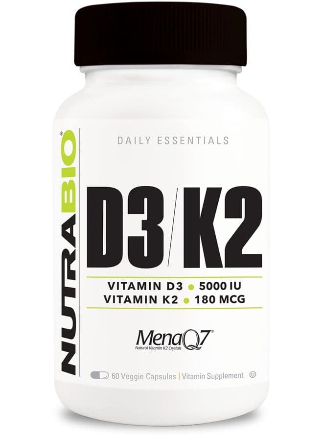 Vitamin D3 K2 | 5000 IU D3 as Cholecalciferol with Vitamin K2 as MENA-Q MK7 (180mcg) | Support Bone and Heart Health | Non-GMO, Gluten Free, Lactose Free | 60 Vegetable Capsules