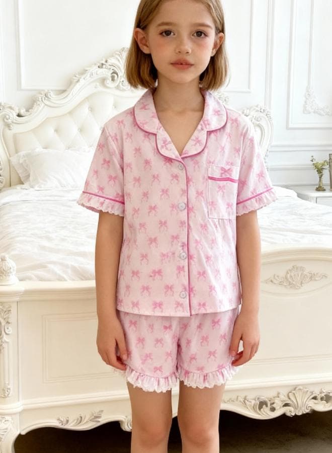 Girls Pink Bow Print Shirt And Shorts Pyjama Set