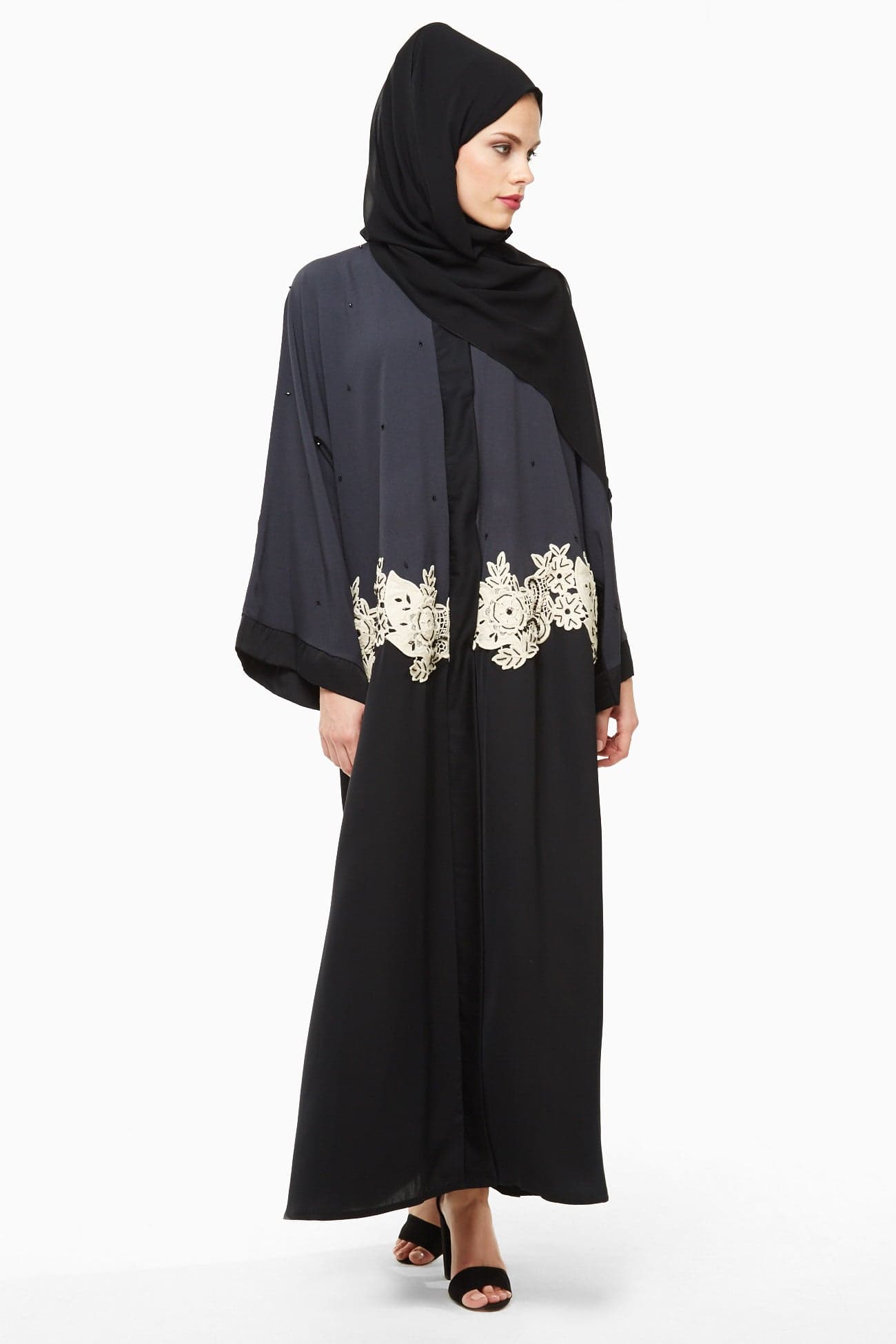 Black and grey duo shade abaya with a white floral lace stitched midway-AJ13A