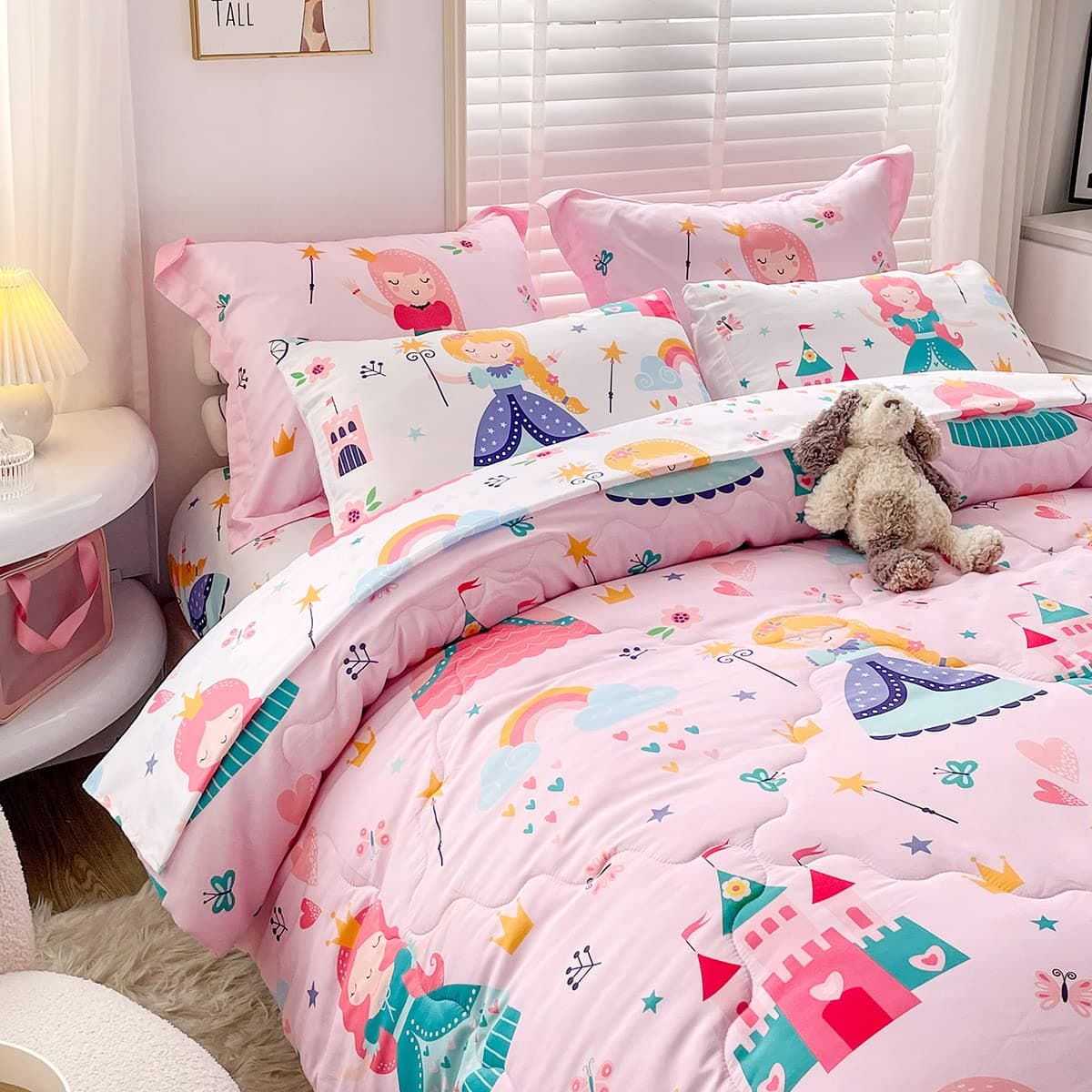 Wajade Kids Pink Princess Comforter Set Bed in a Bag Twin Size 7 Piece Princess Fairy Tales Castle Bedding Set for Girls 1 Comforter 1 Flat Sheet 1 Fitted Sheet 2 Pillowcase and 2 Pillow Sham