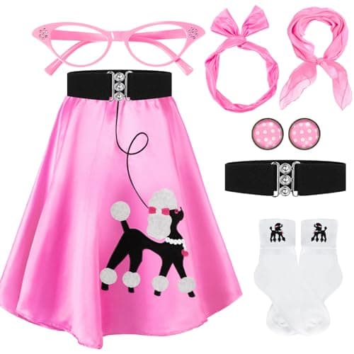 Breathffy Women 1950s Poodle Skirt Costume Outfit Sock Hop Costume Skirt Scarf Belt Sock EyeglassMediumPink