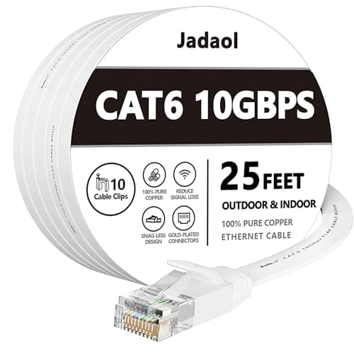 Jadaol Cat 6 Ethernet Cable 25 ft, Outdoor & Indoor 10Gbps Support Cat8 Cat7 Network, Flat RJ45 Internet LAN Computer Patch Cable for Router, Modem, Switch, Gaming Consoles, Streaming Devices, White