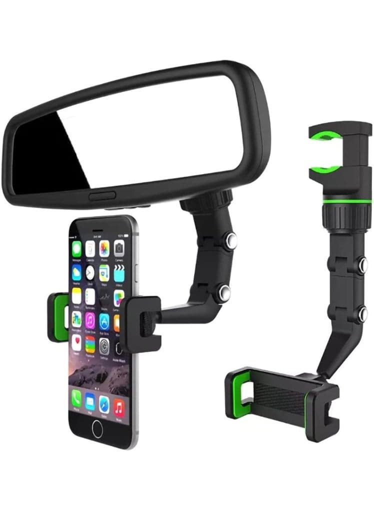 360° Rotating Car Phone Holder Rearview Mirror Mount Adjustable Arm Anti Shake Strong Clamp Universal Mobile Stand for Safe Driving GPS Navigation Video Calls Easy Install