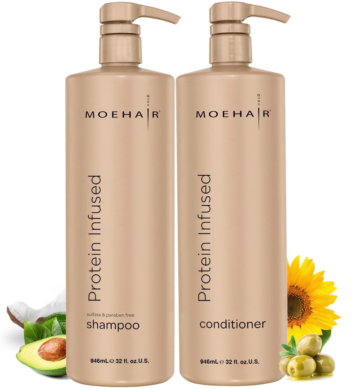 MOEHAIR Protein Infused Shampoo and Conditioner Set for Dry Damaged Hair Strengthens Hair Fiber Sulfate Paraben Free Adds Shine Softens Hydrates Hair 32 Fl Oz