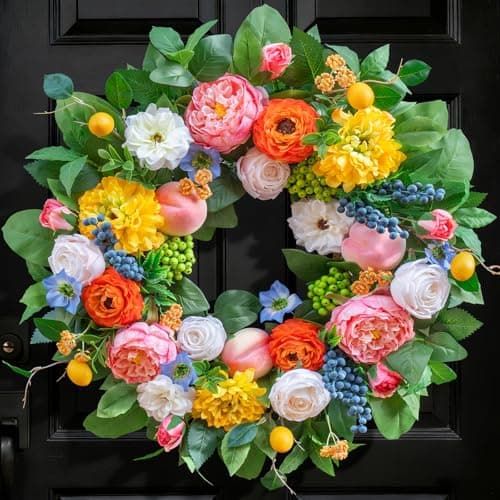 Pinkpuii Spring Wreaths for Front Door 24 Inch Vibrant Spring Summer Wreath with Peonies,Roses,Marigolds,Blueberries & Realistic Fruit Accents (Peach, Lemon)- Ideal for Porch,Entryway,Wall,Window