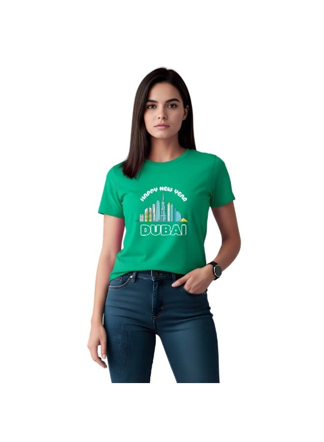 Happy New Year Dubai Adult Women T-Shirt Round Neck Short Sleeve Cotton T-Shirt With New Year Dubai Design-Perfect For New Year Party Celebrations — M