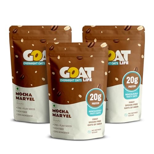 GOAT Life Overnight Oats | 20g Protein | High Fibre | Nutrient-Rich | No Sugar | Gluten-Free & Vegan | Supports Weight Management & Muscle Recovery | Instant Breakfast (Mocha Marvel, Pack of 3)