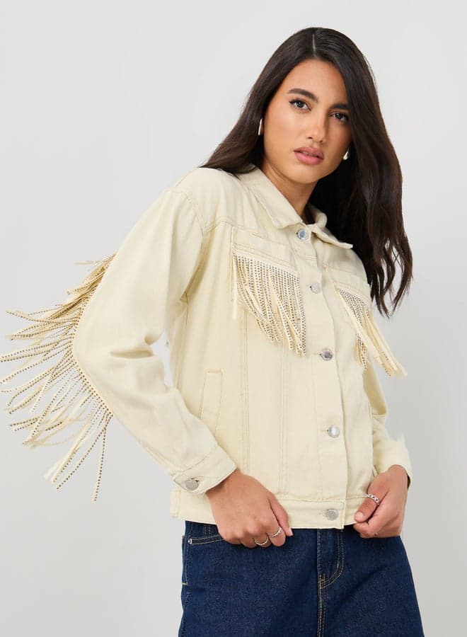 Regular Fit Buttoned Denim Jacket with Fringes Detail — L