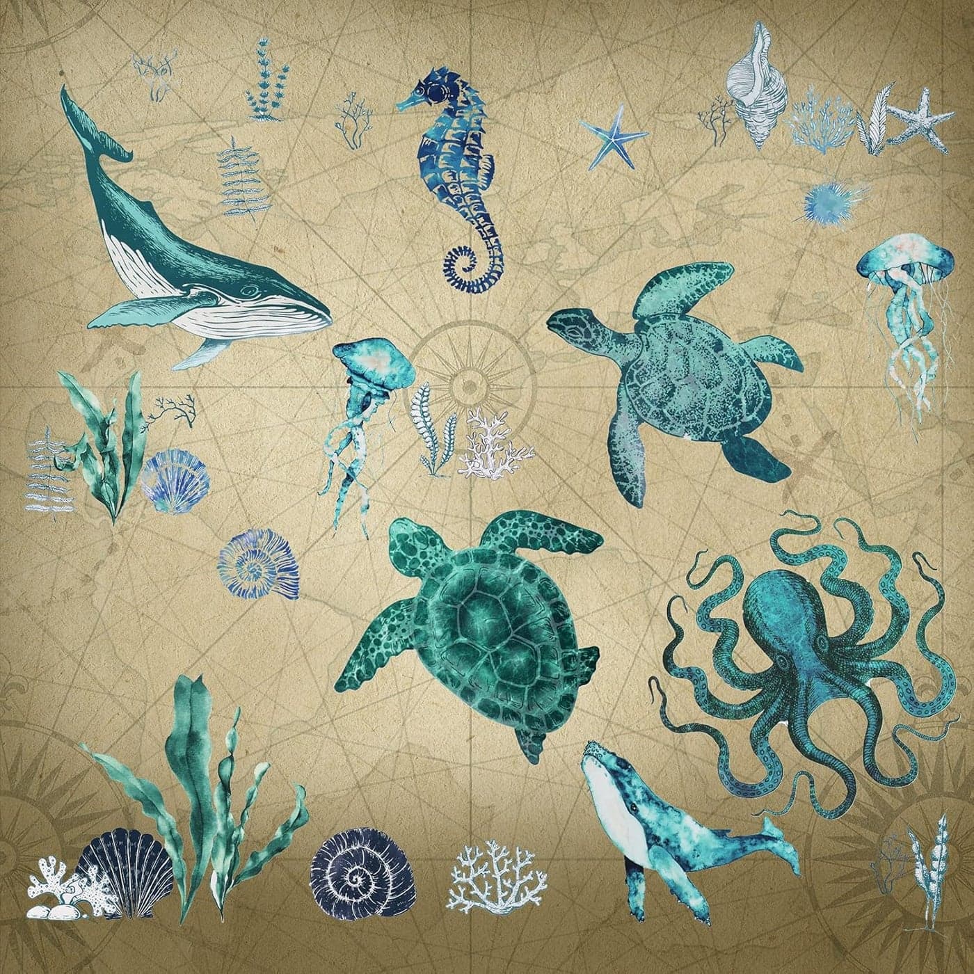 2 Sheets Art Ocean Wall Decals Stickers Under The Sea Wall Decals Nautical Beach Sea Turtle Seahorse Animal Sticker Removable Peel and Stick Decor for Kids Baby Bedroom Living Room Bathroom Office