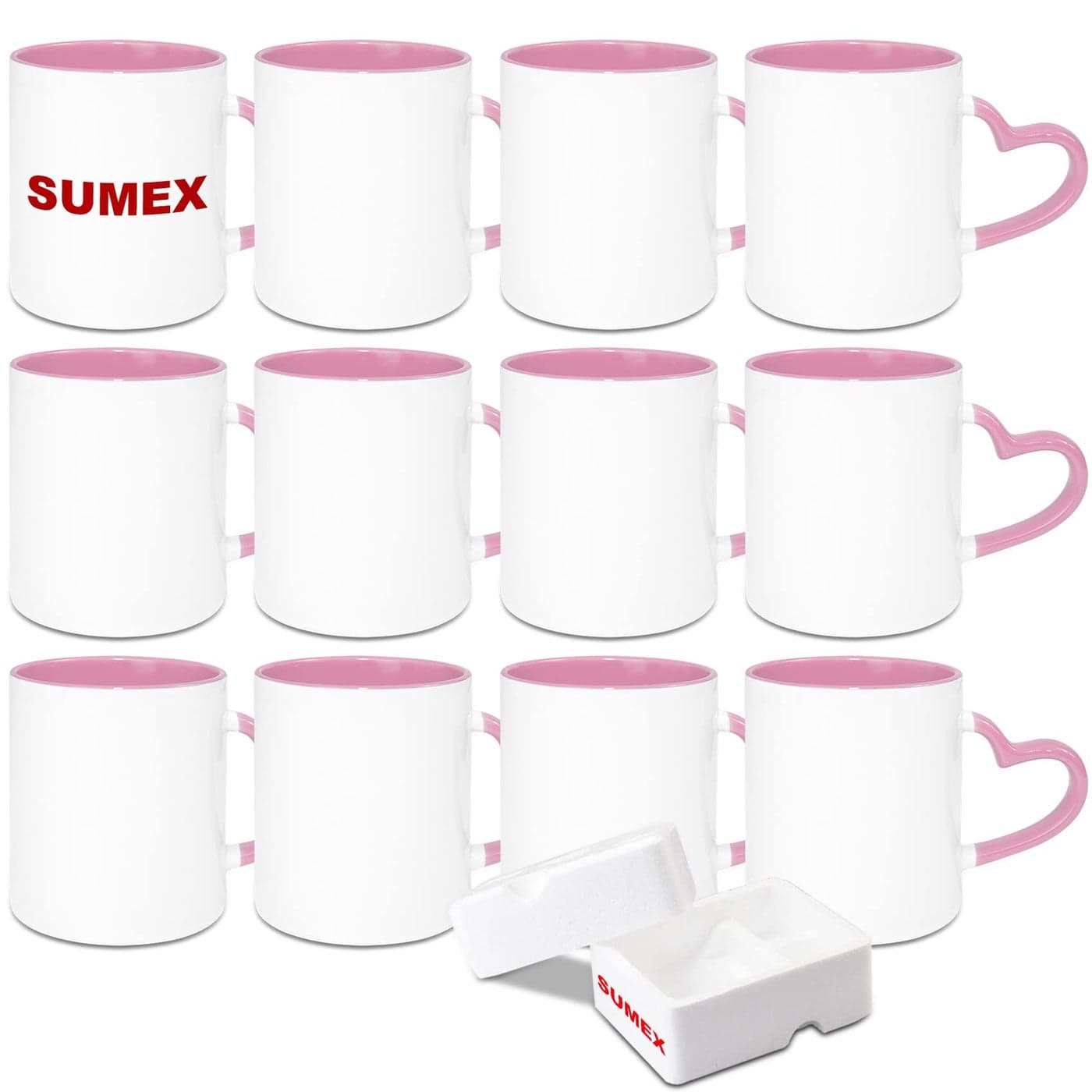 Sumex 11oz Set of 12 Sublimation Blanks Ceramic Coffee Mug with Heart Handle for Tea Milk Latte Hot CocoaPink Inner and Handle