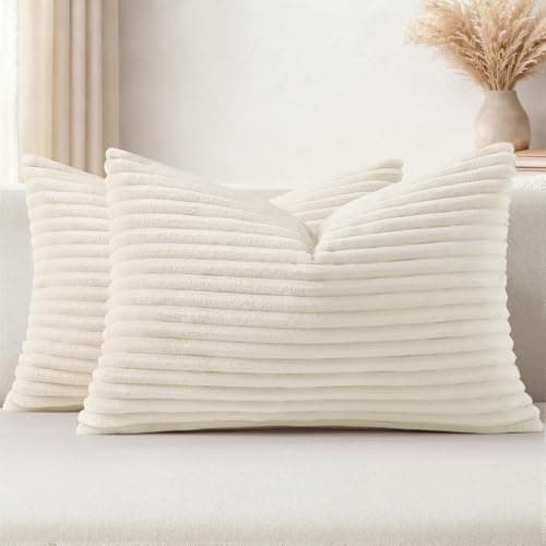 Simmore Decorative Throw Pillow Covers 12x20 Set of 2 Soft Natural Plush Flannel DoubleSided Fluffy Lumbar Pillow Covers for Couch Sofa Living Room Cream White