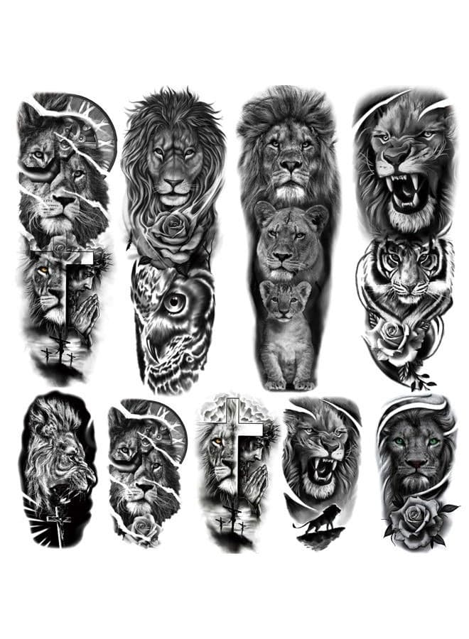 Kotbs Lion Tattoo Stickers, 4-Sheet Full Sleeve Tattoo Big Tattoos Temporary, 5-Sheet Half Full Arm Temporary Tattoo for Adult Kids Women Makeup