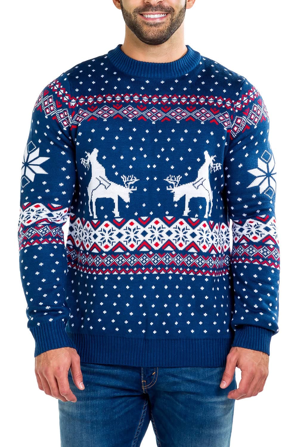 Tipsy Elves Ugly Christmas Sweaters for Men - Colorful and Funny Men's Christmas Sweaters - Festive Holiday Pullovers - Men's Hilarious Blue Reindeer Climax Christmas Ugly Sweater Size X-Large