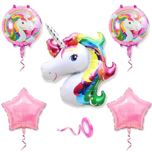 Mystic Toy Store Unicorn Balloons for Birthday Decoration Kit Pink White Baby Boys Girls Kids 5 Pcs Unicorn Theme Foil Balloons Decoration Set Items 2 Pcs Pink Star