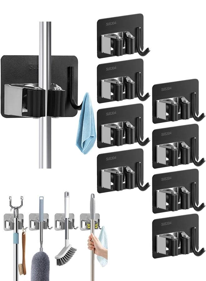 Mop Broom Holder No Drill, Mop Broom Organizer Wall Mounted Heavy Duty with Hooks Hanger, Self Adhesive Stainless Steel 8Pcs for Bathroom, Kitchen, Office (Black)