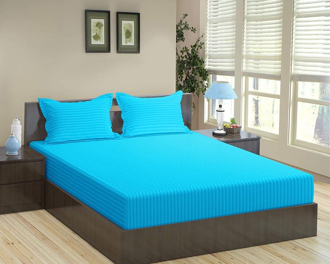 Trance Home Linen 100% Cotton 78x72 inch King Fitted 200TC Satin Stripe Elastic Fitted Bedsheet | Bedroom Hotels Daily Use Fitted Bedspread with 2 Pillow Covers (78"x72" | 6.5x6 feet, Aqua Blue)