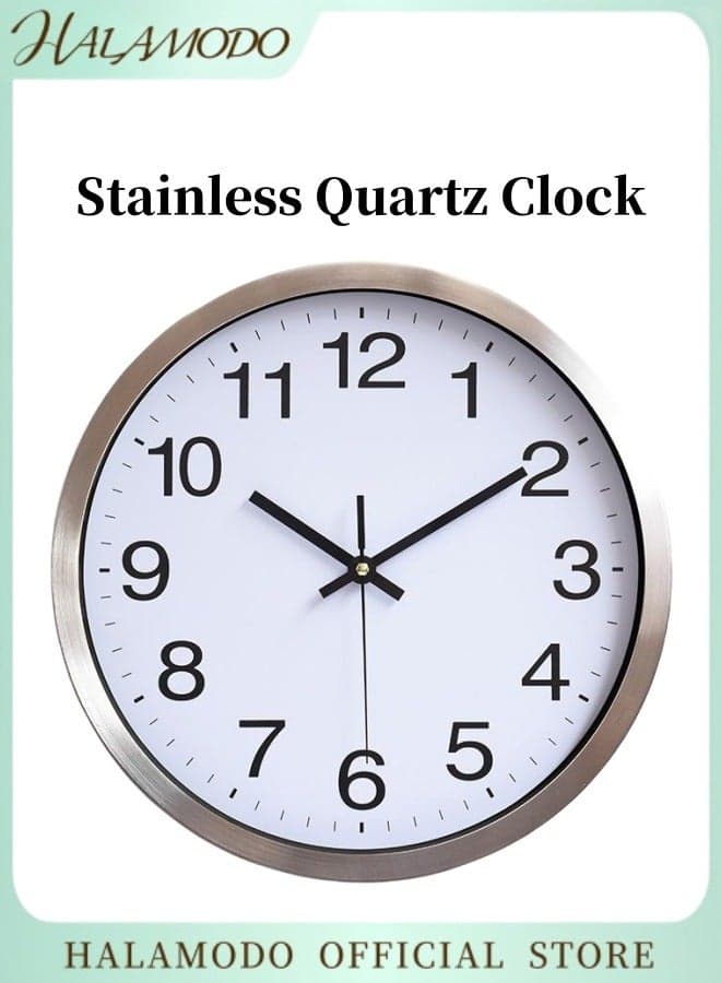 12 Inch Wall Clocks Battery Operated Accurate Silent Non Ticking Round Quartz Clock for Wall Modern Stainless Wall Clock Decor for Kitchen & Bedroom & Living Room & Office & Classroom