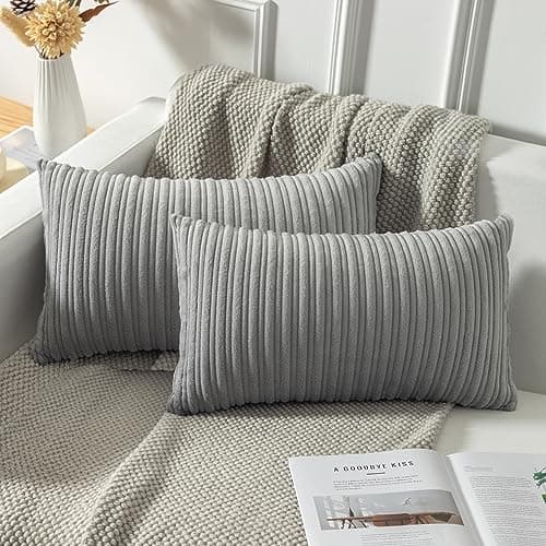 Kevin Textile Oblong Pillow Decorative Striped Corduroy Rectangle Cushion Cover Oblong Pillow Cover for Couch, 12 x 20 Inches, Set of 2, Light Grey