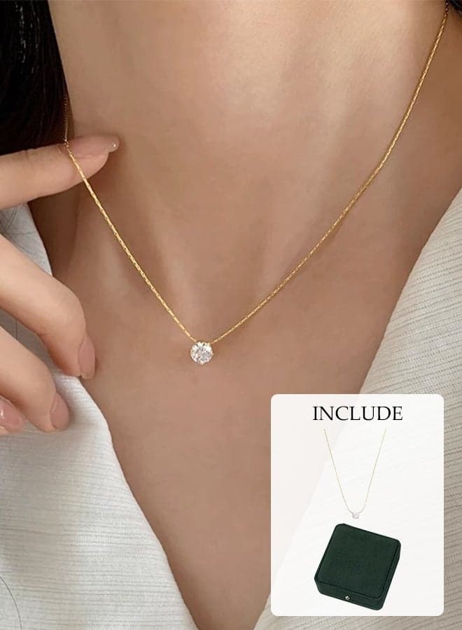 Diamond Pendant Necklace for Women,Gold Small Round Faux Diamond Pendant Necklace ,Gold Plated Post Faux Diamond Round Pendant Halo Necklace,Stainless Steel Necklace Simple Gold Chain Necklace