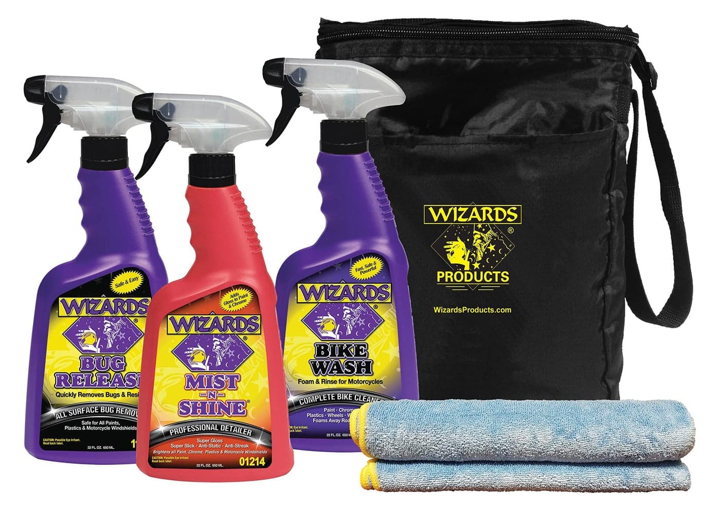 Wizards Motorcycle Cleaning Kit Bike Wash Foam and Rinse Quick Detailer Spray and Bug Remover with Fiber Cloth and Detailing Bag Portable Motorcycle Wash Kit with Accessories